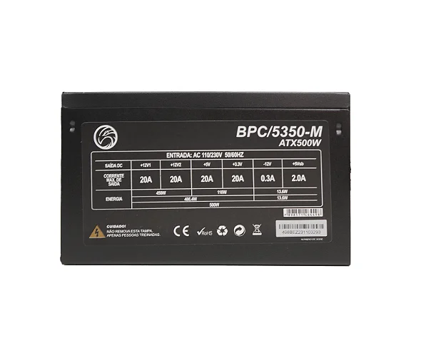 Fonte Atx 500W Brazilpc Bpc/5350B-M 12X12cm 24 Pinos Com Cabo Preto Box